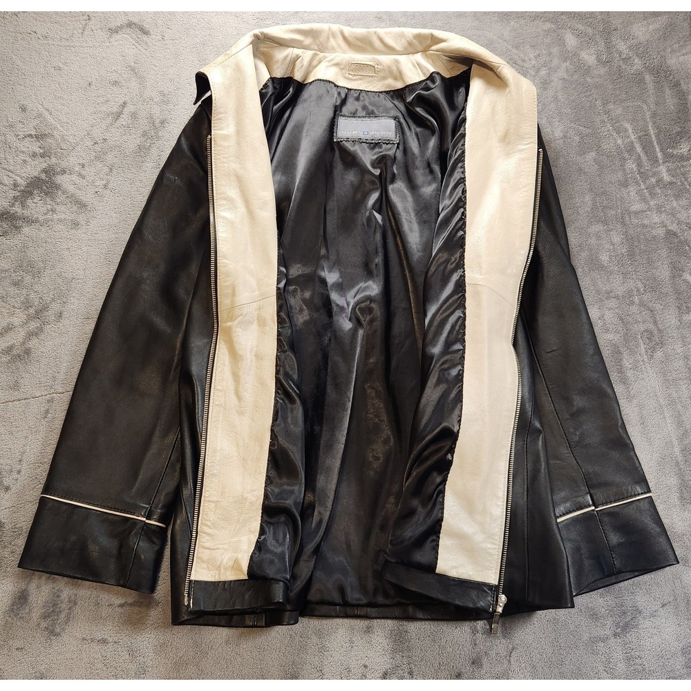 Chevignon Jacket Womens XL Black White Leather Two Tone Contrast‎ Car Coat VTG - Picture 3 of 7